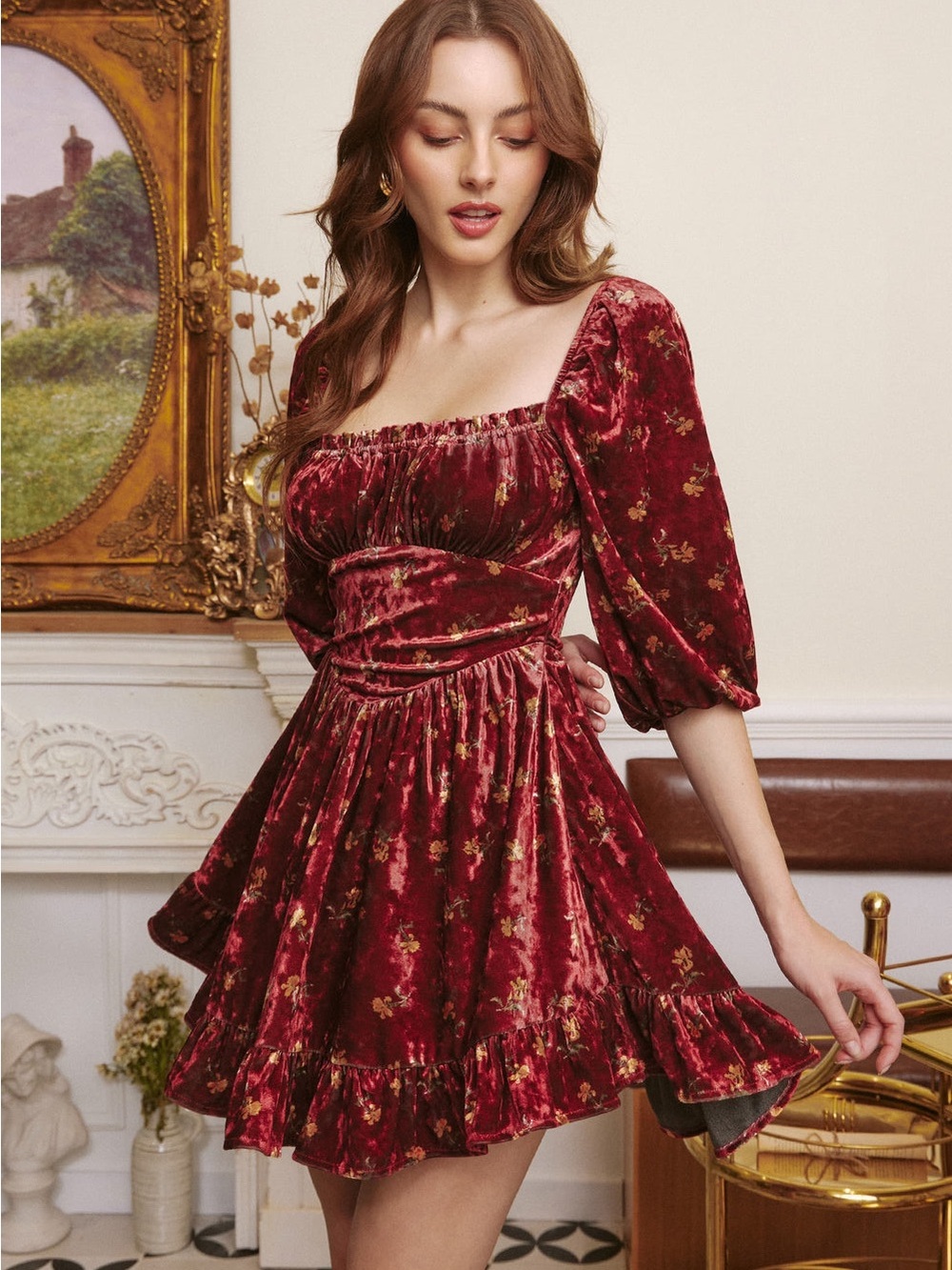 Renaissance Style Dress Betty Floral Velvet Minidress